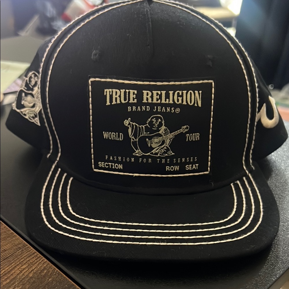 True Religion Black Hat with White Stitching